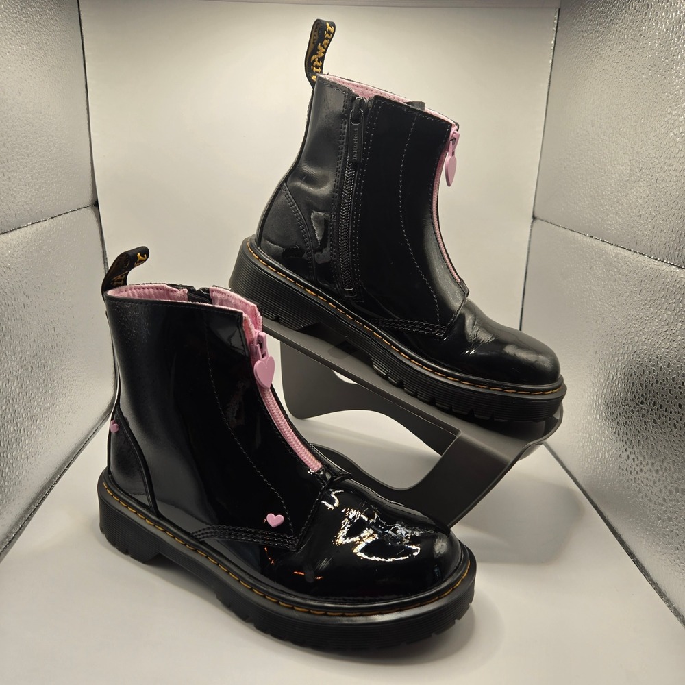 Dr. Martens Sinclair Heart Boots Girls Black Patent Leather Pink Zip Size 13K